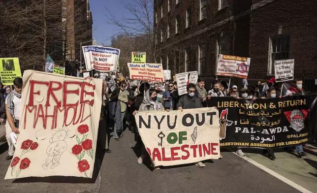 Protesters march during a demonstration in support of Palestinian activist Mahmoud Khalil, Tuesday, March 11, 2025, in New York. (AP Photo/Yuki Iwamura)