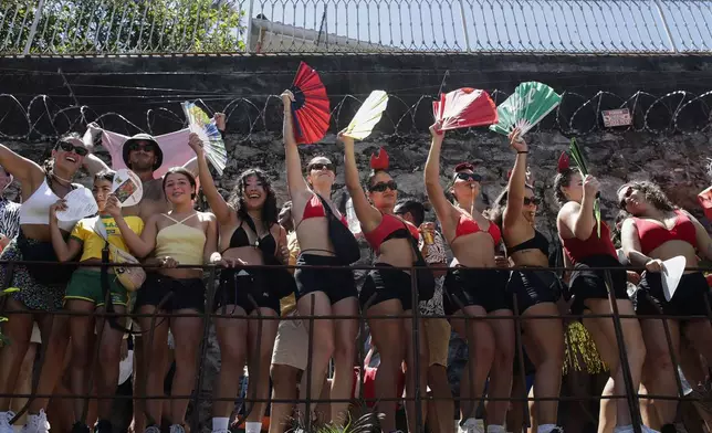 Revelers wave their fans during the Carmelitas street party on the first official day of Carnival in Rio de Janeiro, Friday, Feb. 28, 2025. (AP Photo/Bruna Prado)