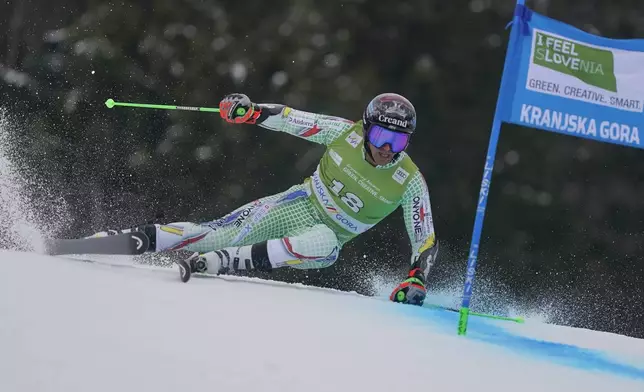 Andorra's Joan Verdu competes in an alpine ski, men's World Cup giant slalom, in Kranjska Gora, Slovenia, Saturday, March 1, 2025. (AP Photo/Pier Marco Tacca)