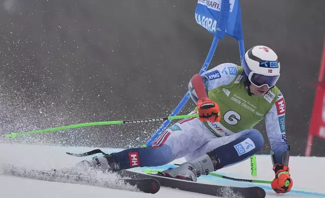 Norway's Henrik Kristoffersen competes in an alpine ski, men's World Cup giant slalom, in Kranjska Gora, Slovenia, Saturday, March 1, 2025. (AP Photo/Giovanni Auletta)