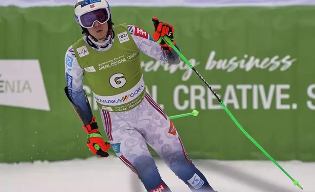 Norway's Henrik Kristoffersen celebrates winning an alpine ski, men's World Cup giant slalom, in Kranjska Gora, Slovenia, Saturday, March 1, 2025. (AP Photo/Pier Marco Tacca)