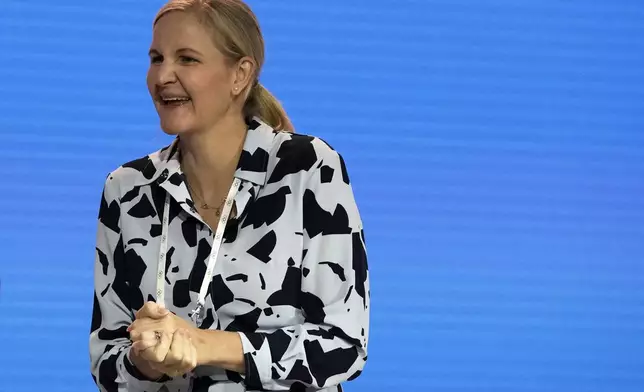 Candidate to the presidency of the International Olympic Committee (IOC) Kirsty Coventry arrivers for the 144th session which will elect the new IOC President, in Costa Navarino, western Greece, Wednesday, March 19, 2025. (AP Photo/Thanassis Stavrakis)