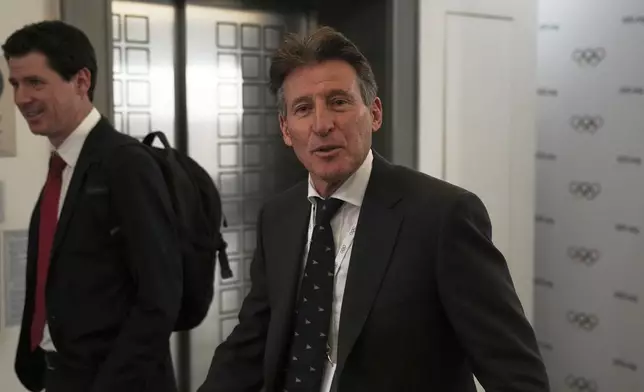 Candidate to the presidency of the International Olympic Committee Sebastian Coe arrives at the mixed zone during a break of the 144th session, which will elect the new IOC President, in Costa Navarino, western Greece, Wednesday, March 19, 2025. (AP Photo/Thanassis Stavrakis)