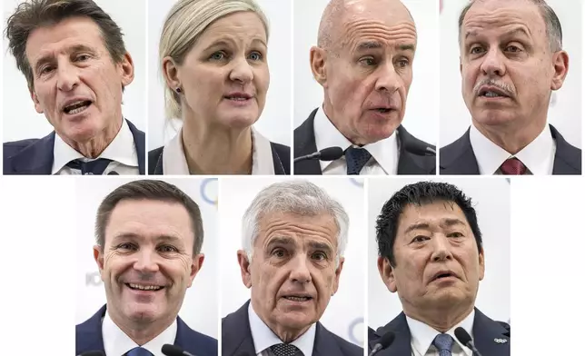 FILE - This combo of Jan. 30, 2025, file photos, shows the seven candidates in the International Olympic Committee presidential election, from top row from left, Sebastian Coe, Kirsty Coventry, Johan Eliasch, and Prince Feisal al Hussein, bottom row from left, David Lappartient, Juan Antonio Samaranch and Morinari Watanabe. (Fabrice Coffrini/Pool Photo via AP, File)