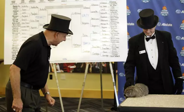 FILE - Basketball analyst Dick Vitale, left, talks with groundhog Punxsutawney Phil as Groundhog Club member John Griffiths listens during a a bracket-picking contest for the NCAA Tournament, Tuesday, March 17, 2015, in Indianapolis. Vitale picked Kentucky to win the tournament while Phil selected Villanova. (AP Photo/Darron Cummings, File)