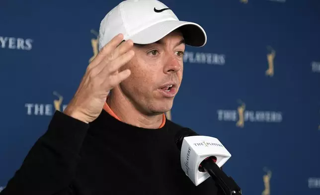 Rory McIlroy, of Northern Ireland, speaks to the media before a practice round of The Players Championship golf tournament Wednesday, March 12, 2025, in Ponte Vedra Beach, Fla. (AP Photo/Chris O'Meara)