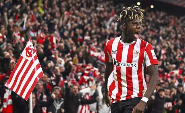 Athletic Bilbao's Nico Williams celebrates after scoring his side's opening goal during the Europa League round of 16 second leg soccer match between Athletic Bilbao and AS Roma at the San Mames stadium in Bilbao, Spain, Thursday, March 13, 2025. (AP Photo/Miguel Oses)
