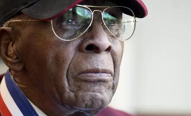 101-year-old Col. James H. Harvey III, one of the last surviving Tuskegee Airmen, sits for a portrait in Aurora, Colo., Wednesday, March 12, 2025. (AP Photo/Thomas Peipert)