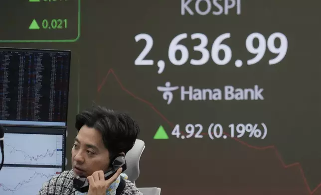 A currency trader talks on the phone near a screen showing the Korea Composite Stock Price Index (KOSPI) at the foreign exchange dealing room of the KEB Hana Bank headquarters in Seoul, South Korea, Tuesday, March 25, 2025. (AP Photo/Ahn Young-joon)