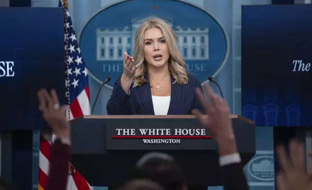 FILE - White House press secretary Karoline Leavitt speaks during a briefing at the White House, Feb. 12, 2025, in Washington. (AP Photo/Evan Vucci, File)