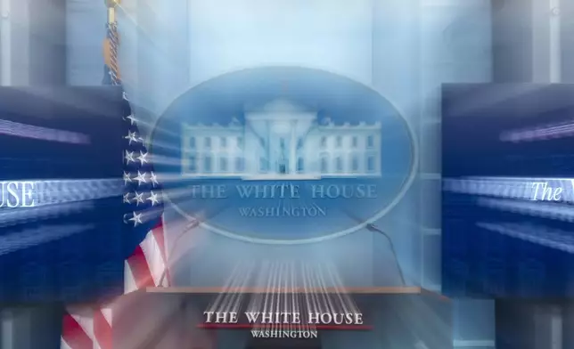 FILE - In this photo made with a slow shutter speed, the White House podium is seen before a briefing in the James Brady Press Briefing Room at the White House, March 5, 2025, in Washington. (AP Photo/Alex Brandon, File)