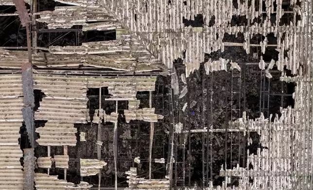 An aerial photograph shows the damaged roof of a nightclub in the town of Kocani, North Macedonia, Sunday, March 16, 2025, following a massive fire in the nightclub early Sunday. (AP Photo/Armin Durgut)
