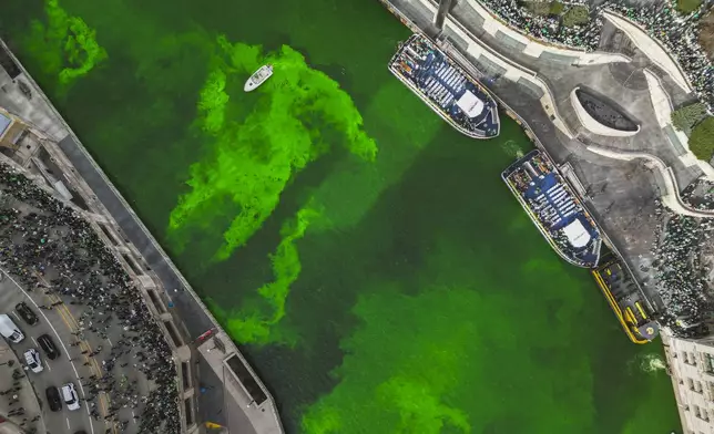 The Chicago River is dyed green as part of annual St. Patrick's Day festivities Saturday, March 15, 2025, in Chicago. (AP Photo/Erin Hooley)