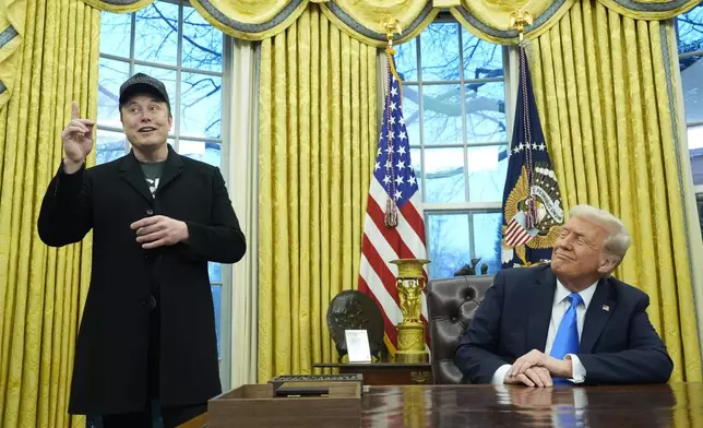 FILE - President Donald Trump listens as Elon Musk speaks in the Oval Office at the White House, Feb. 11, 2025, in Washington. (AP Photo/Alex Brandon, File)
