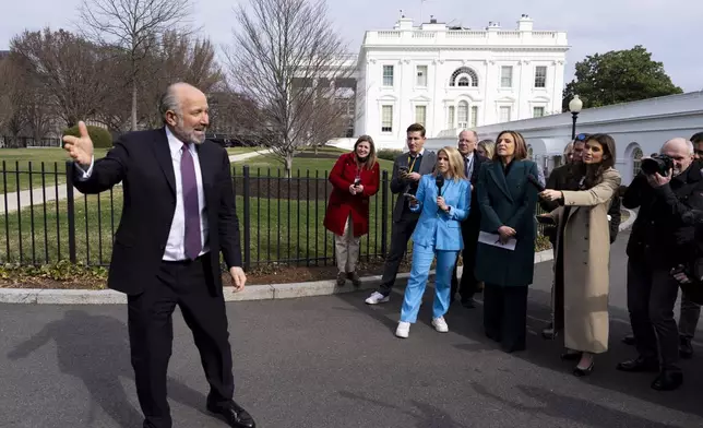 Commerce Secretary Howard Lutnick speaks with reporters at the White House, Thursday, March 13, 2025, in Washington. (AP Photo/Alex Brandon)