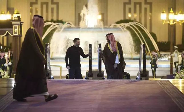 CORRECTS CITY - In this photo provided by the Ukrainian Presidential Press Office, Ukrainian President Volodymyr Zelenskyy meets with Saudi's Crown Prince Mohammed bin Salman at the Royal Palace in Jeddah, Saudi Arabia, Monday, March 10, 2025. (Ukrainian Presidential Press Office via AP)