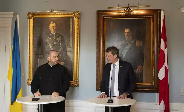 Danish Minister of Defense Troels Lund Poulsen and Ukranian Minister of Defense Rustem Umerov hold a news conference at Kastellet in Copenhagen on Saturday, March 8, 2025, during meetings with defense ministers from the NB8 countries, an association of the Nordic and Baltic countries - Denmark, Sweden, Norway, Finland, Iceland, Estonia, Latvia, and Lithuania. (Claus Bech/Ritzau Scanpix via AP)