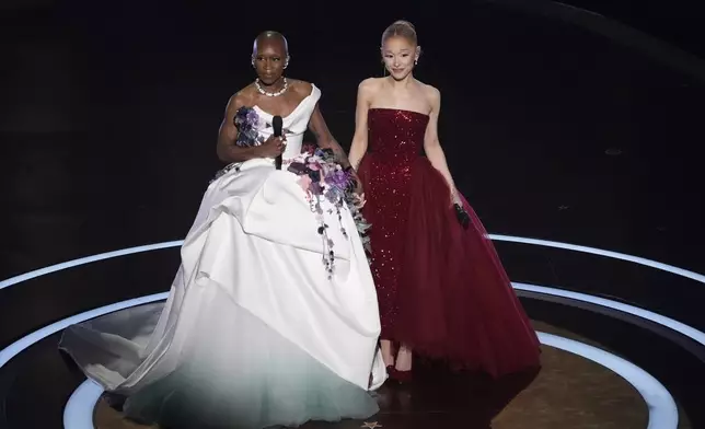 Cynthia Erivo left, and Ariana Grande on stage during the Oscars on Sunday, March 2, 2025, at the Dolby Theatre in Los Angeles. (AP Photo/Chris Pizzello)