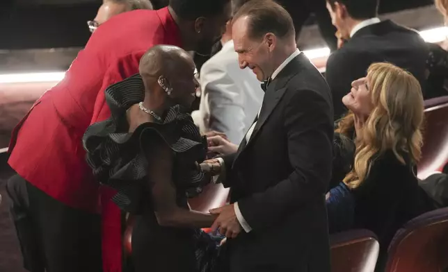 Colman Domingo, from left, Cynthia Erivo, Ralph Fiennes, and Laura Dern in the audience during the Oscars on Sunday, March 2, 2025, at the Dolby Theatre in Los Angeles. (AP Photo/Chris Pizzello)