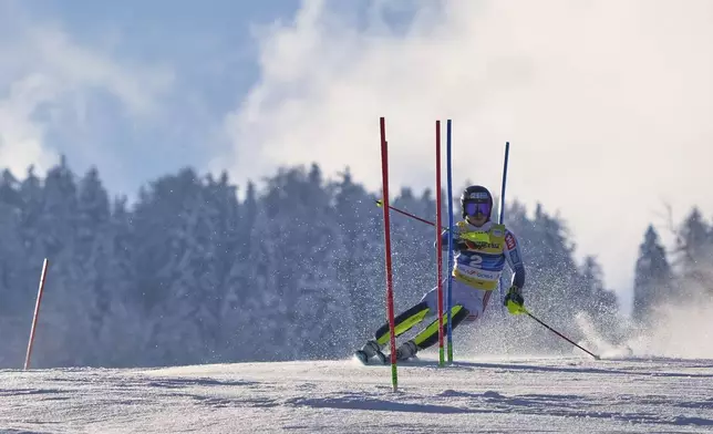 Norway's Atle Lie McGrath competes in an alpine ski, men's World Cup slalom, in Kranjska Gora, Slovenia, Sunday, March 2, 2025. (AP Photo/Giovanni Auletta)