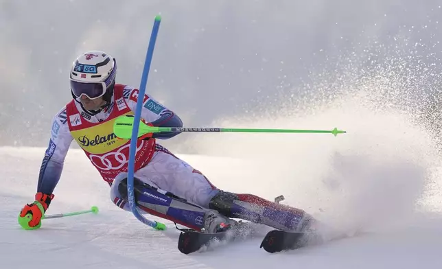 Norway's Henrik Kristoffersen competes in an alpine ski, men's World Cup slalom, in Kranjska Gora, Slovenia, Sunday, March 2, 2025. (AP Photo/Pier Marco Tacca)