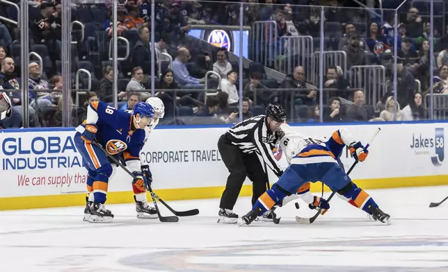 Florida Panthers and New York Islanders face off during the first period of an NHL hockey game Sunday, March 16, 2025, in Elmont, N.Y. (AP Photo/Stefan Jeremiah)
