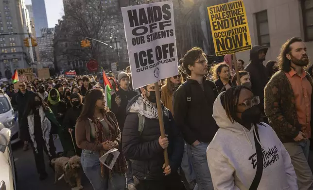 Protesters march during a demonstration in support of Palestinian activist Mahmoud Khalil, Monday, March 10, 2025, in New York. (AP Photo/Yuki Iwamura)
