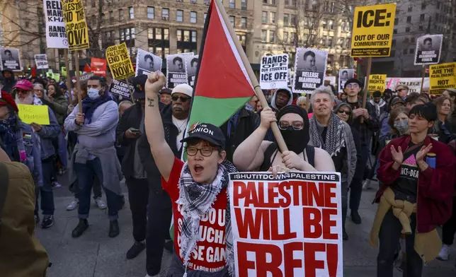 Protestors demonstrate and demand the release of Palestinian activist Mahmoud Khalil, Monday, March 10, 2025, outside the Jacob K. Javits Federal Building in New York. (AP Photo/Yuki Iwamura)