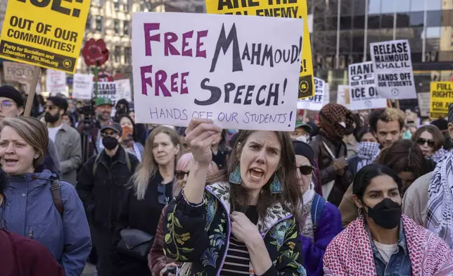 A protester chants during a demonstration in support of Palestinian activist Mahmoud Khalil, Monday, March 10, 2025, in New York. (AP Photo/Yuki Iwamura)