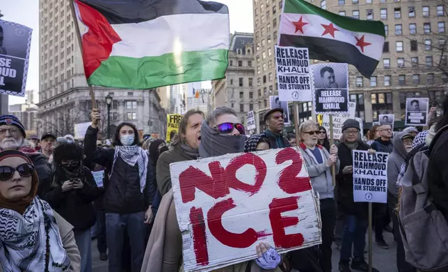 Protesters gather for a demonstration in support of Palestinian activist Mahmoud Khalil, Monday, March 10, 2025, in New York. (AP Photo/Yuki Iwamura)