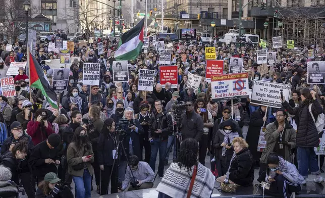 Protesters gather for a demonstration in support of Palestinian activist Mahmoud Khalil, Monday, March 10, 2025, in New York. (AP Photo/Yuki Iwamura)