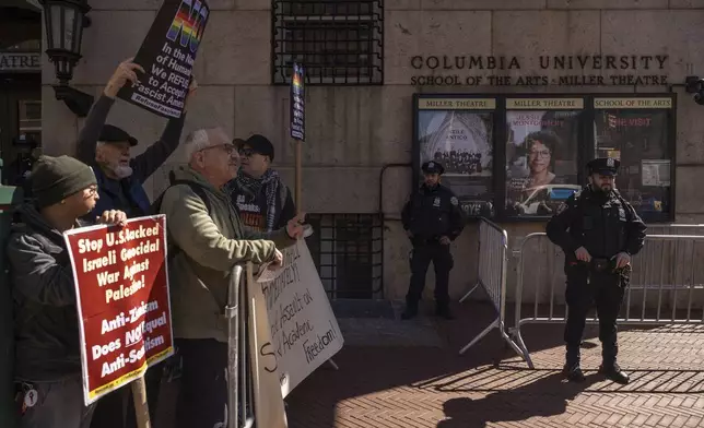 Protesters demonstrate in support of Palestinian activist Mahmoud Khalil outside Columbia University, Monday, March 10, 2025, in New York. (AP Photo/Yuki Iwamura)