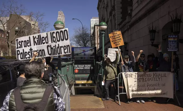 Protesters demonstrate in support of Palestinian activist Mahmoud Khalil outside Columbia University, Monday, March 10, 2025, in New York. (AP Photo/Yuki Iwamura)