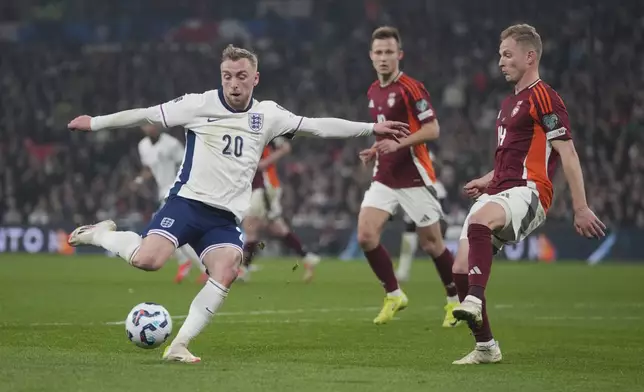 England's Jarrod Bowen kicks the ball during a World Cup qualifying soccer match between England and Latvia at Wembley stadium in London, Monday, March 24, 2025. (AP Photo/Kin Cheung)