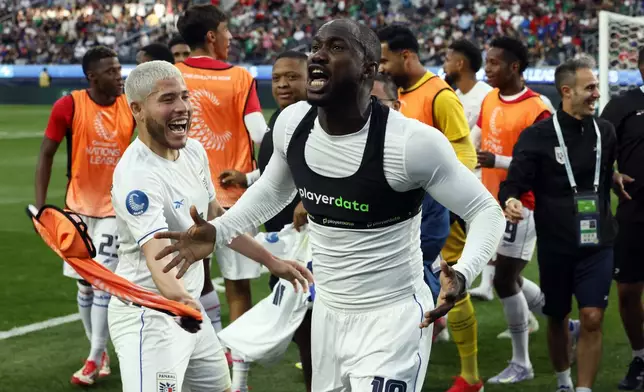Panama's Cecilio Waterman Ruiz celebrates after scoring against the United States during the second half of a CONCACAF Nations League semifinal soccer match Thursday, March 20, 2025, in Inglewood, Calif. (AP Photo/Etienne Laurent)