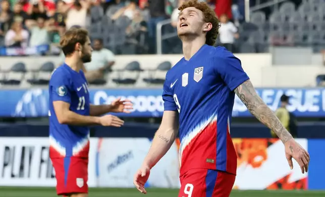 United States' Joshua Sargent (9) reacts after a missed opportunity to score during the first half of a CONCACAF Nations League semifinal soccer match against Panama, Thursday, March 20, 2025, in Inglewood, Calif. (AP Photo/Etienne Laurent)