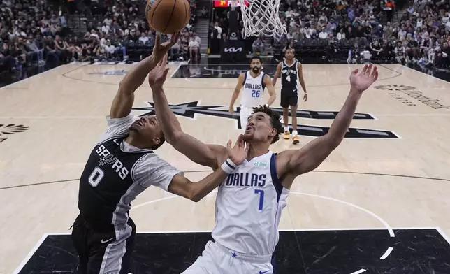 San Antonio Spurs forward Keldon Johnson (0) drives to the basket against Dallas Mavericks center Dwight Powell (7) during the second half of an NBA basketball game in San Antonio, Monday, March 10, 2025. (AP Photo/Eric Gay)