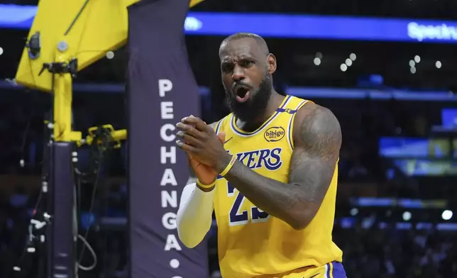 Los Angeles Lakers' LeBron James (23) reacts to a foul call on the New Orleans Pelicans during the second half of an NBA basketball game Tuesday, March 4, 2025, in Los Angeles. (AP Photo/Jae C. Hong)