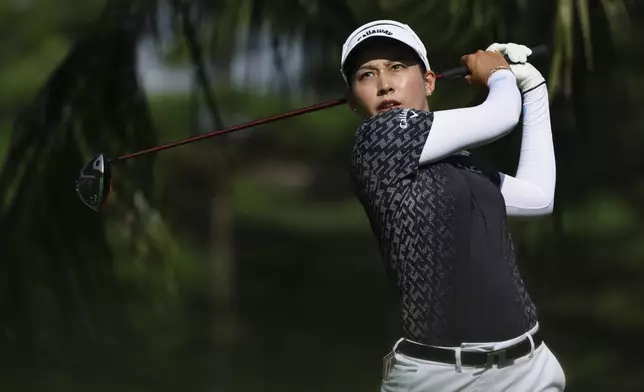 Jeeno Thitikul of Thailand tees off during the round four of the HSBC Women's World Championship 2025 at Sentosa Golf Club in Singapore, Sunday, March 2, 2025. (AP Photo/Suhaimi Abdullah)