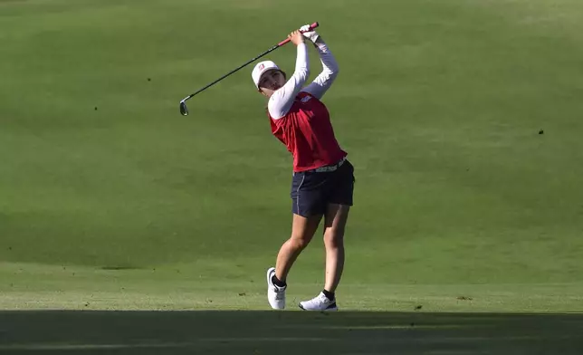 Ayaka Furue of Japan plays a shot during the round four of the HSBC Women's World Championship 2025 at Sentosa Golf Club in Singapore, Sunday, March 2, 2025. (AP Photo/Suhaimi Abdullah)
