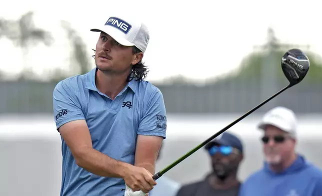 Kevin Velo watches his tee shot on the 10th hole during the first round of the Valspar Championship golf tournament Thursday, March 20, 2025, at Innisbrook in Palm Harbor, Fla. (AP Photo/Chris O'Meara)