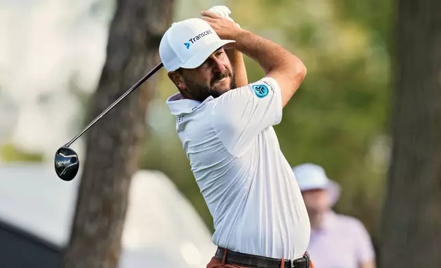 Stephan Jaeger tees off on the eighth hole during the first round of the Valspar Championship golf tournament Thursday, March 20, 2025, at Innisbrook in Palm Harbor, Fla. (AP Photo/Chris O'Meara)