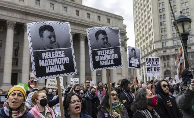 A crowd gathers in Foley Square, outside the Manhattan federal court, in support of Mahmoud Khalil, Wednesday, March 12, 2025, in New York. (AP Photo/Stefan Jeremiah)