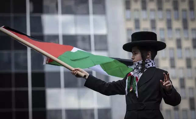 A young orthodox jewish boy waves a Palestinian flag in Foley Square, outside the Manhattan federal court, prior to the deportation case of Mahmoud Khalil, Wednesday, March 12, 2025, in New York. (AP Photo/Stefan Jeremiah)