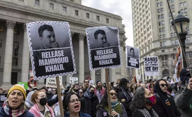 A crowd gathers in Foley Square, outside the Manhattan federal court, in support of Mahmoud Khalil, Wednesday, March 12, 2025, in New York. (AP Photo/Stefan Jeremiah)