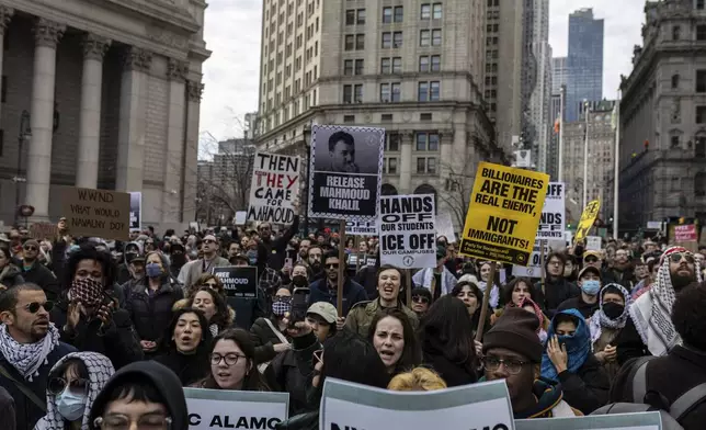 A crowd gathers in Foley Square, outside the Manhattan federal court, in support of Mahmoud Khalil, Wednesday, March 12, 2025, in New York. (AP Photo/Stefan Jeremiah)