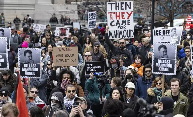 A crowd gathers in Foley Square, outside the Manhattan federal court, in support of Mahmoud Khalil, Wednesday, March 12, 2025, in New York. (AP Photo/Stefan Jeremiah)