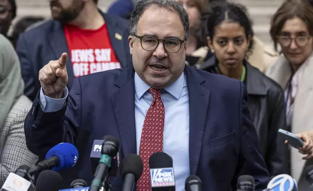 Baher Azmy, attorney for Mahmoud Khalil, speaks to members of the media after a hearing in Manhattan federal court addressing Khalil's deportation case, Wednesday, March 12, 2025, in New York. (AP Photo/Stefan Jeremiah)