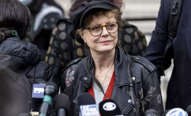 Susan Sarandon prepares to comment after attending a hearing in Manhattan federal court addressing the deportation case of Mahmoud Khalil, Wednesday, March 12, 2025, in New York. (AP Photo/Stefan Jeremiah)