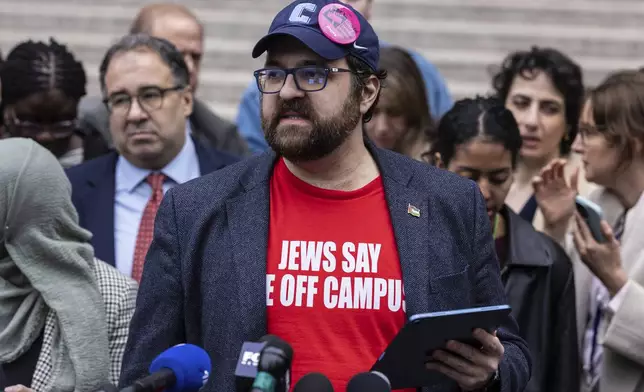 Columbia University associate professor, Joseph Howley speaks to the media after attending a hearing in Manhattan federal court addressing the deportation case of Mahmoud Khalil, Wednesday, March 12, 2025, in New York. (AP Photo/Stefan Jeremiah)